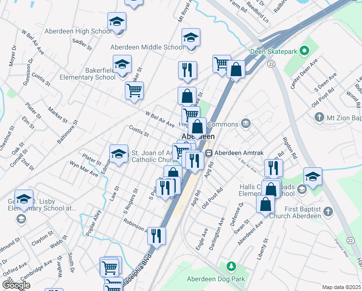 map of restaurants, bars, coffee shops, grocery stores, and more near 15 South Parke Street in Aberdeen