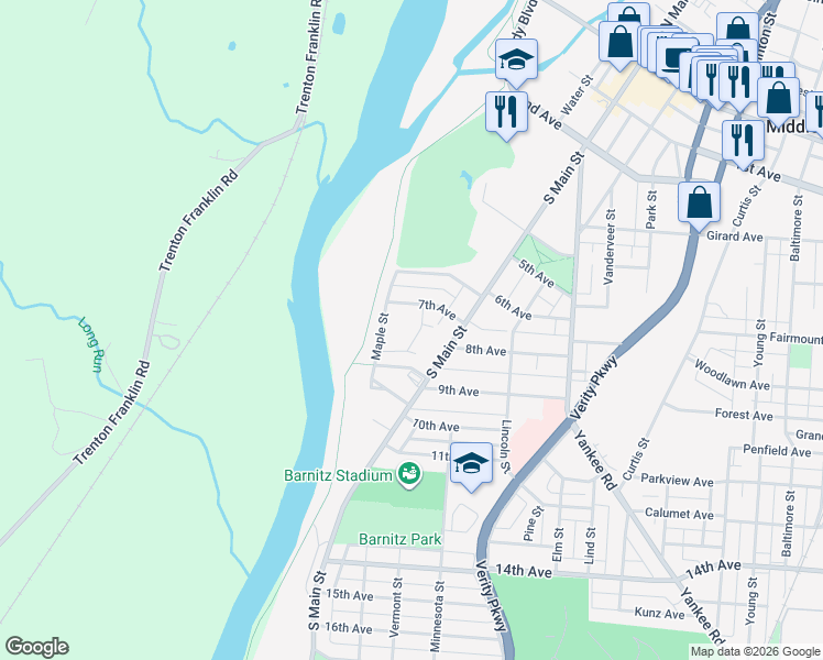 map of restaurants, bars, coffee shops, grocery stores, and more near 720 Poplar Street in Middletown
