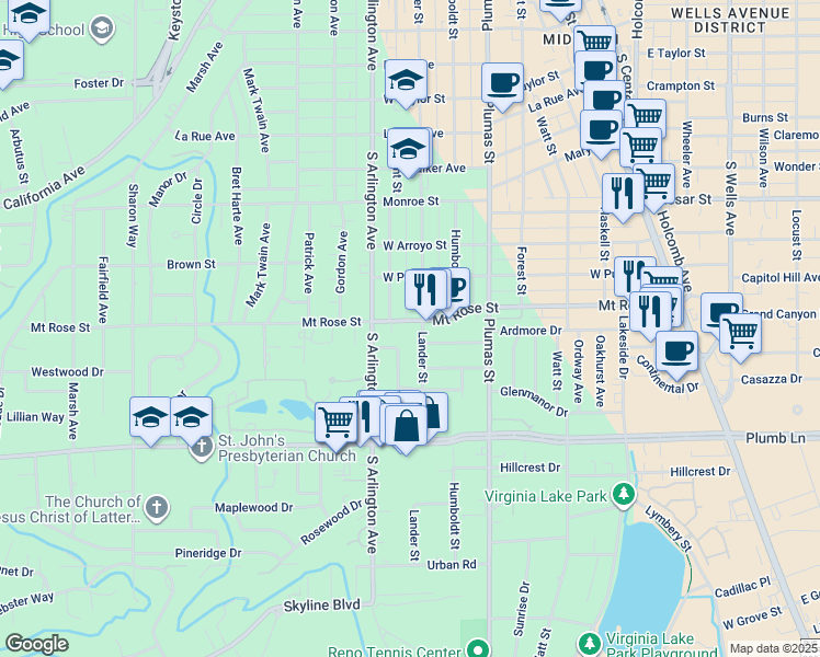 map of restaurants, bars, coffee shops, grocery stores, and more near 720 Mount Rose Street in Reno