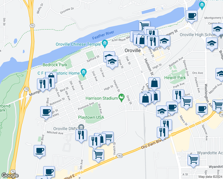 map of restaurants, bars, coffee shops, grocery stores, and more near 1325 High Street in Oroville