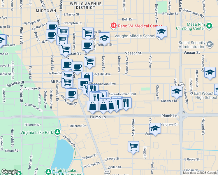 map of restaurants, bars, coffee shops, grocery stores, and more near 530 Grand Canyon Boulevard in Reno