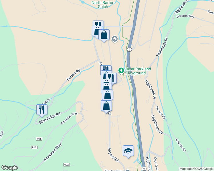 map of restaurants, bars, coffee shops, grocery stores, and more near 1850 Airport Road in Blue River