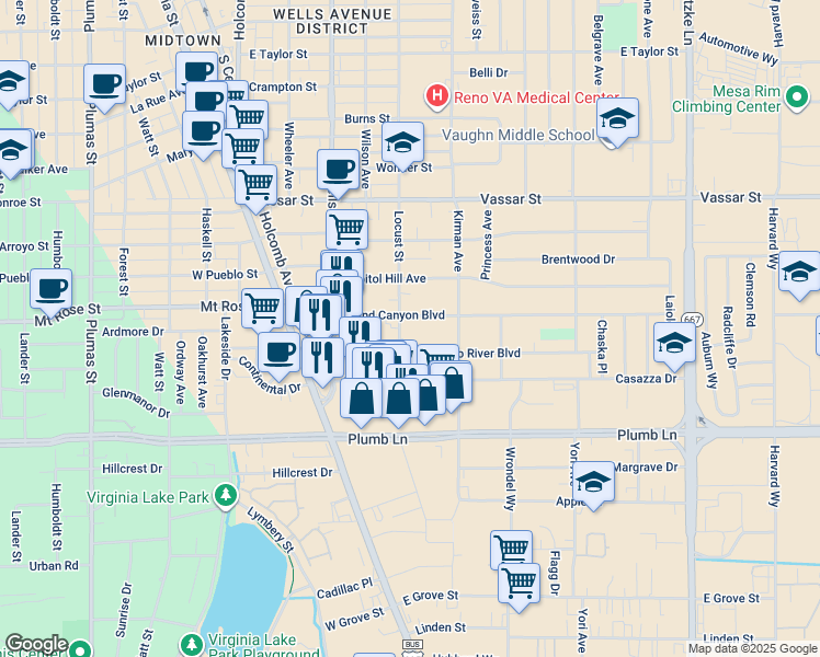 map of restaurants, bars, coffee shops, grocery stores, and more near 1680 Locust Street in Reno