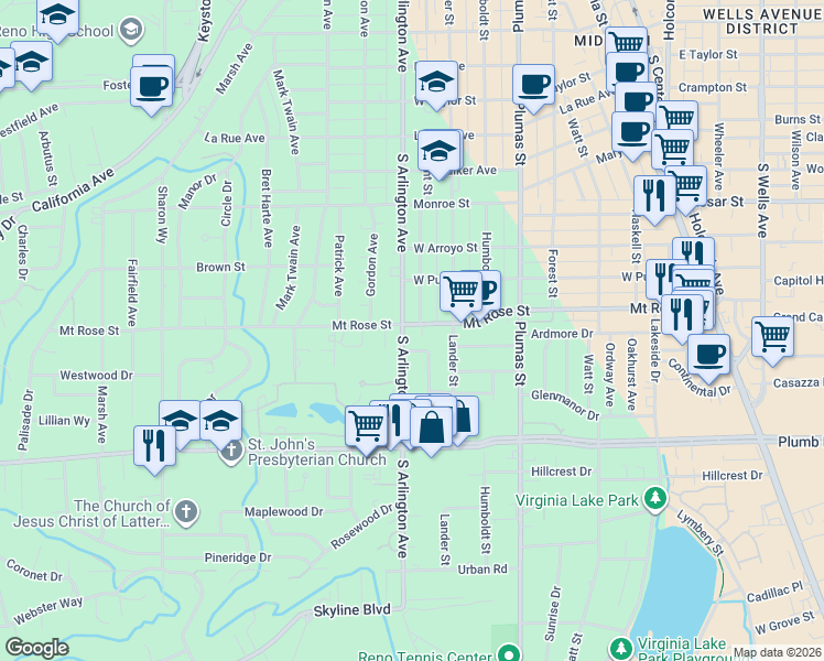 map of restaurants, bars, coffee shops, grocery stores, and more near 795 Shangri-La Drive in Reno