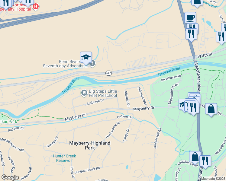 map of restaurants, bars, coffee shops, grocery stores, and more near 4901 Ambrose Drive in Reno