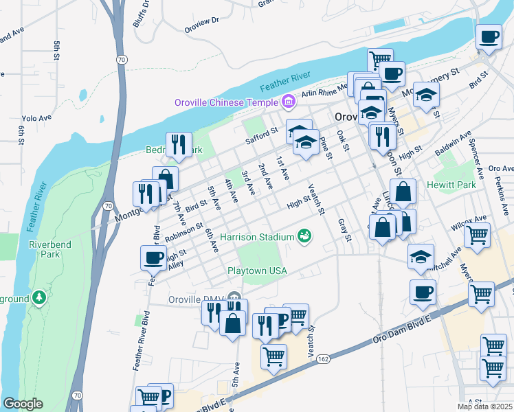 map of restaurants, bars, coffee shops, grocery stores, and more near 1581 3rd Avenue in Oroville