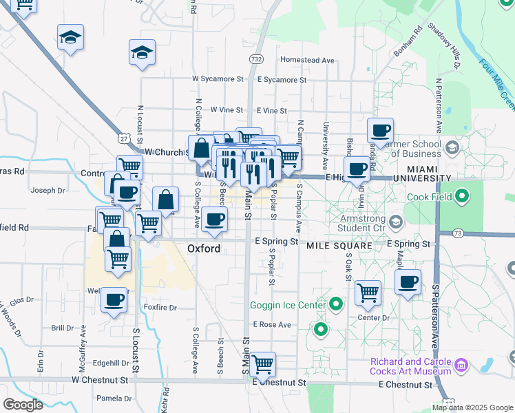 map of restaurants, bars, coffee shops, grocery stores, and more near 120 South Main Street in Oxford