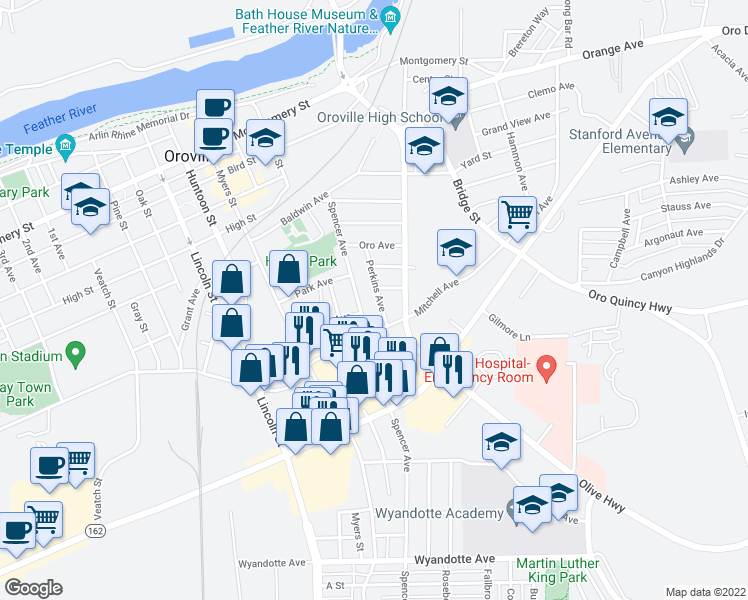 map of restaurants, bars, coffee shops, grocery stores, and more near 2234 Perkins Avenue in Oroville