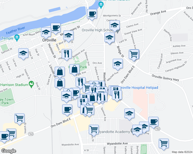 map of restaurants, bars, coffee shops, grocery stores, and more near 2234 Perkins Avenue in Oroville