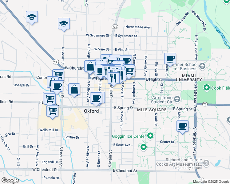 map of restaurants, bars, coffee shops, grocery stores, and more near 120 South Main Street in Oxford