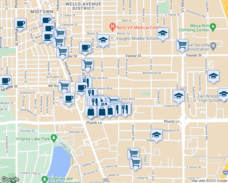 map of restaurants, bars, coffee shops, grocery stores, and more near 570 Grand Canyon Boulevard in Reno