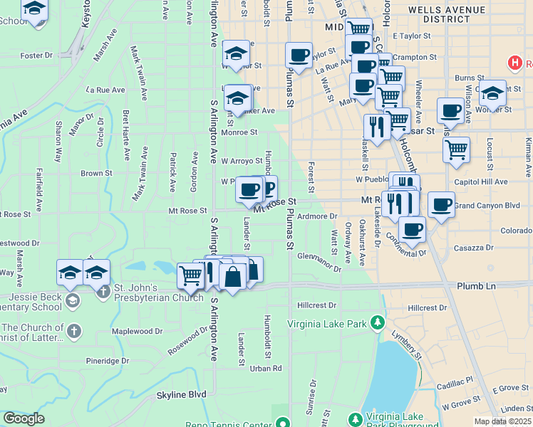 map of restaurants, bars, coffee shops, grocery stores, and more near 24A Kohlepp Avenue in Reno