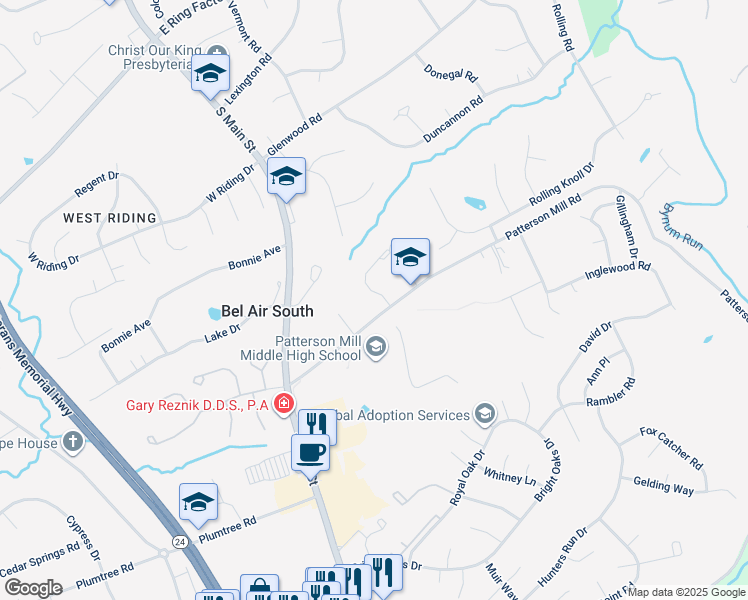 map of restaurants, bars, coffee shops, grocery stores, and more near 1720 Sable Court in Bel Air