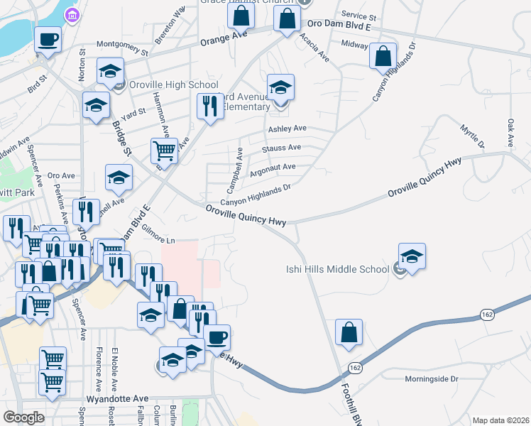 map of restaurants, bars, coffee shops, grocery stores, and more near 2377 Oroville Quincy Highway in Oroville