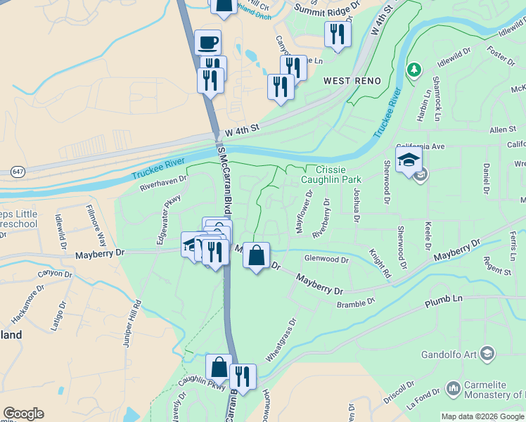 map of restaurants, bars, coffee shops, grocery stores, and more near 1273 Creekhaven Circle in Reno