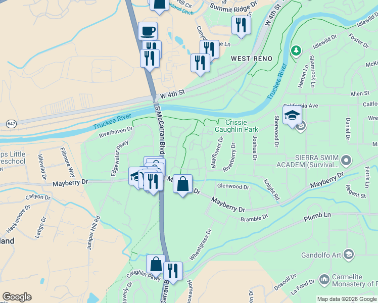 map of restaurants, bars, coffee shops, grocery stores, and more near 1273 Creekhaven Circle in Reno