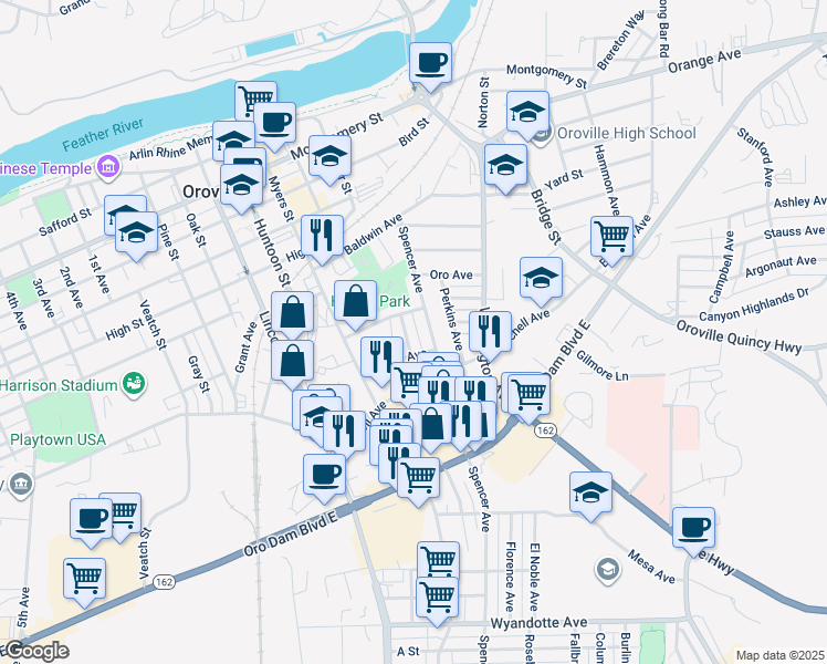 map of restaurants, bars, coffee shops, grocery stores, and more near 2258 Wilcox Avenue in Oroville
