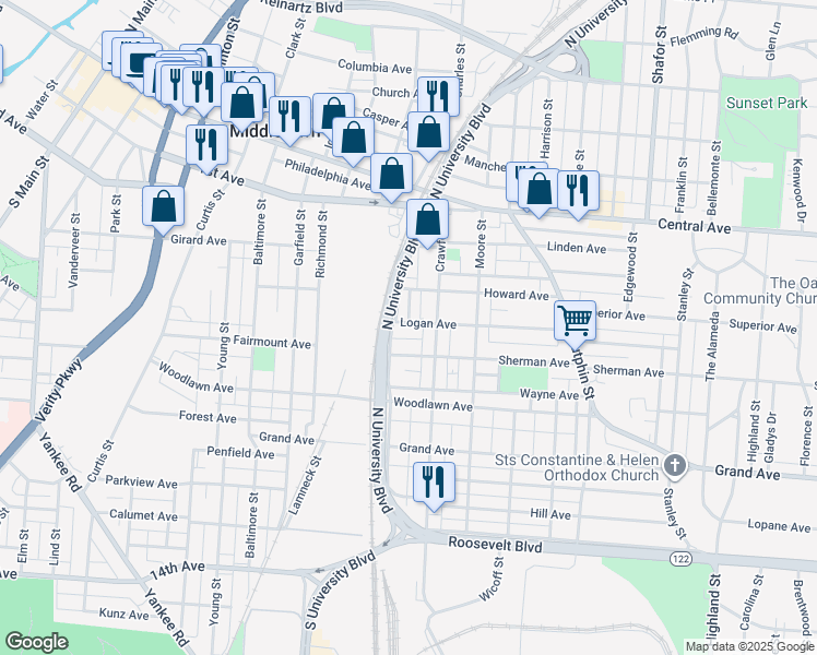 map of restaurants, bars, coffee shops, grocery stores, and more near 1819 Sherman Avenue in Middletown