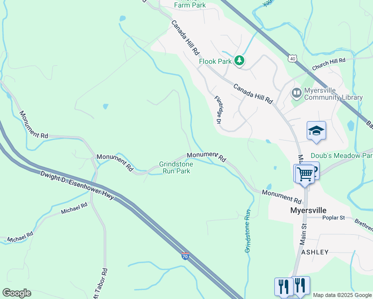 map of restaurants, bars, coffee shops, grocery stores, and more near 2710 Monument Road in Myersville