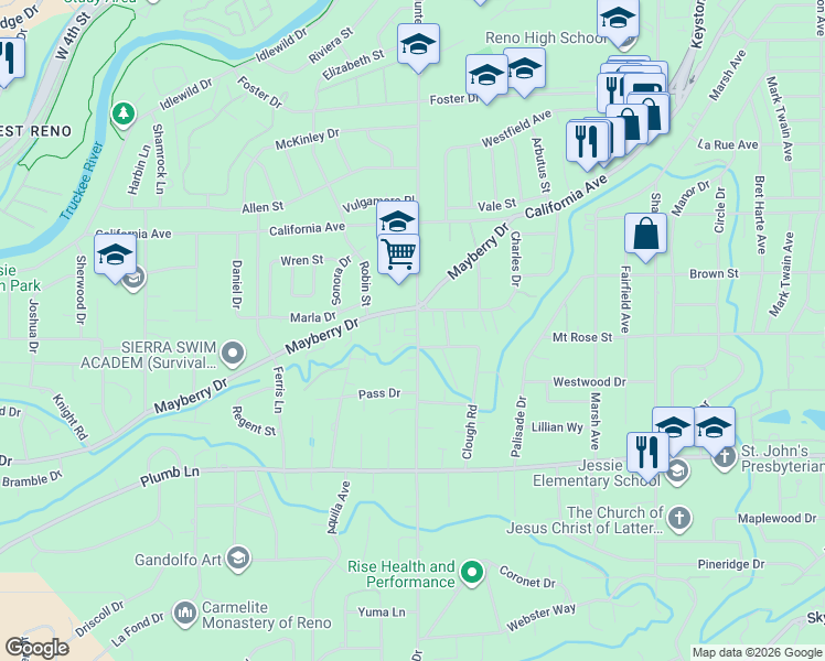 map of restaurants, bars, coffee shops, grocery stores, and more near 1235 Hunter Lake Drive in Reno