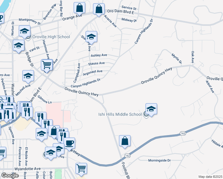 map of restaurants, bars, coffee shops, grocery stores, and more near 2418 Oro Quincy Highway in Oroville