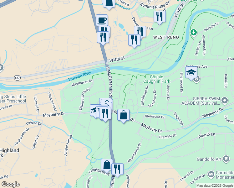 map of restaurants, bars, coffee shops, grocery stores, and more near 1270 Bridlewood Way in Reno
