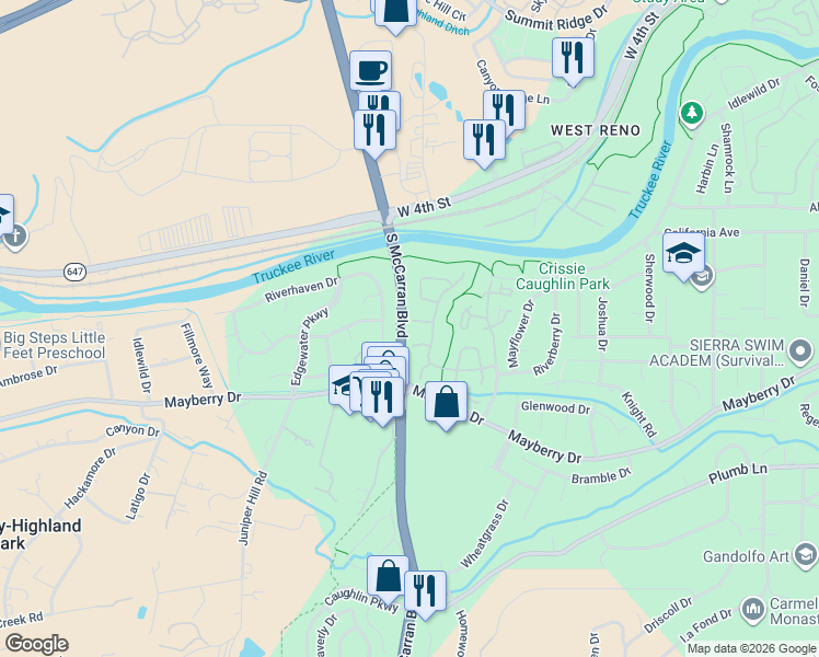 map of restaurants, bars, coffee shops, grocery stores, and more near 230 Brooktrail Drive in Reno