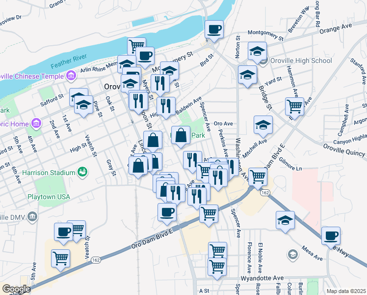 map of restaurants, bars, coffee shops, grocery stores, and more near 2136 State Highway 70 Bus in Oroville