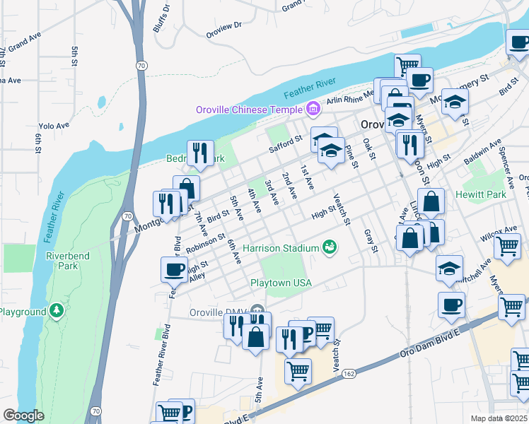 map of restaurants, bars, coffee shops, grocery stores, and more near 1551 4th Avenue in Oroville