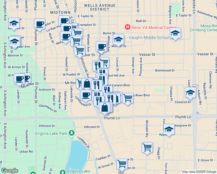 map of restaurants, bars, coffee shops, grocery stores, and more near 400 Grand Canyon Boulevard in Reno