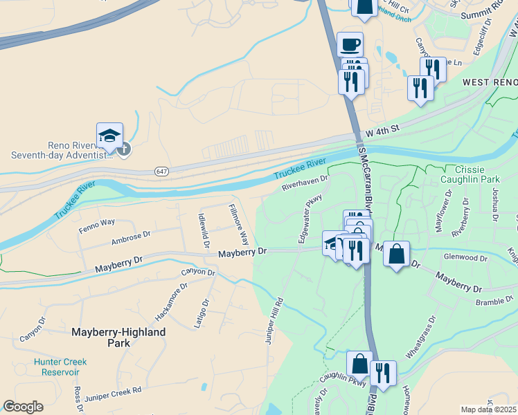 map of restaurants, bars, coffee shops, grocery stores, and more near 4205 Bond Creek Court in Reno