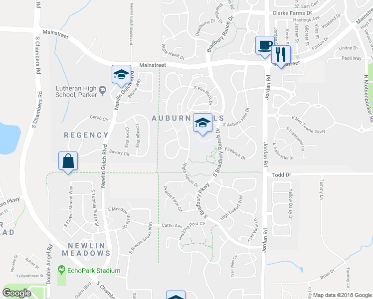 map of restaurants, bars, coffee shops, grocery stores, and more near 16105 Whooping Crane Drive in Parker