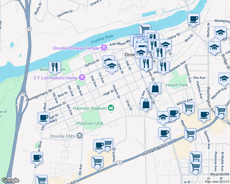 map of restaurants, bars, coffee shops, grocery stores, and more near 1553 Veatch Street in Oroville