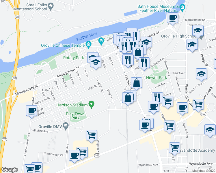 map of restaurants, bars, coffee shops, grocery stores, and more near 1512 Pomona Avenue in Oroville