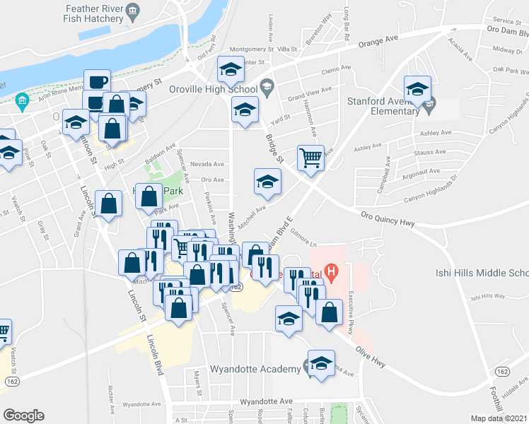 map of restaurants, bars, coffee shops, grocery stores, and more near 2745 Mitchell Avenue in Oroville