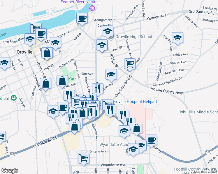 map of restaurants, bars, coffee shops, grocery stores, and more near 2743 Mitchell Avenue in Oroville