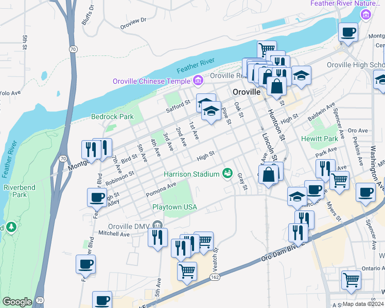 map of restaurants, bars, coffee shops, grocery stores, and more near 1547 2nd Avenue in Oroville
