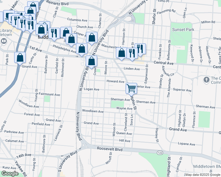 map of restaurants, bars, coffee shops, grocery stores, and more near 2009 Logan Avenue in Middletown