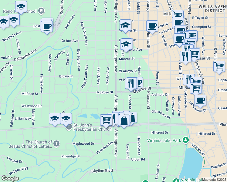 map of restaurants, bars, coffee shops, grocery stores, and more near 1450 South Arlington Avenue in Reno