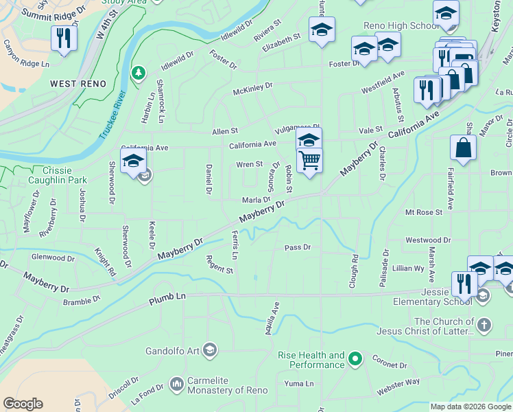 map of restaurants, bars, coffee shops, grocery stores, and more near 1016 Dennison Drive in Reno