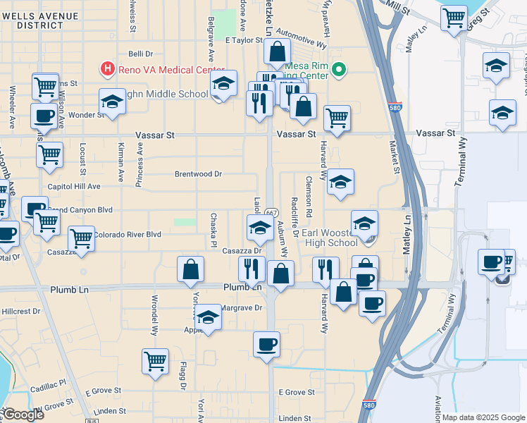 map of restaurants, bars, coffee shops, grocery stores, and more near 1290 Capitol Hill Avenue in Reno