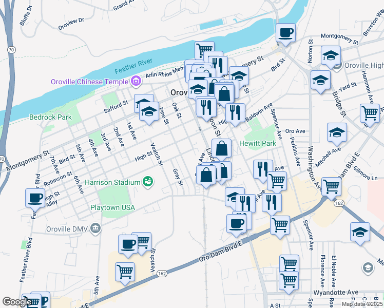 map of restaurants, bars, coffee shops, grocery stores, and more near 1750 Oak Street in Oroville