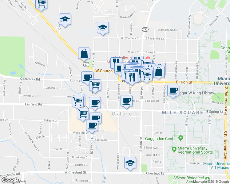 map of restaurants, bars, coffee shops, grocery stores, and more near 209 West Walnut Street in Oxford
