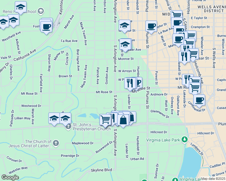 map of restaurants, bars, coffee shops, grocery stores, and more near 1450 South Arlington Avenue in Reno