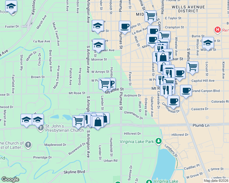 map of restaurants, bars, coffee shops, grocery stores, and more near 1411 Humboldt Street in Reno