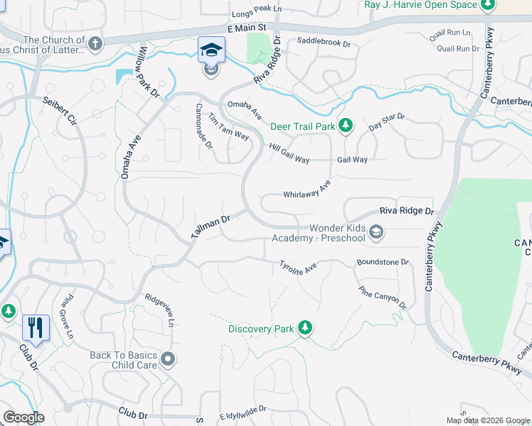 map of restaurants, bars, coffee shops, grocery stores, and more near in Parker