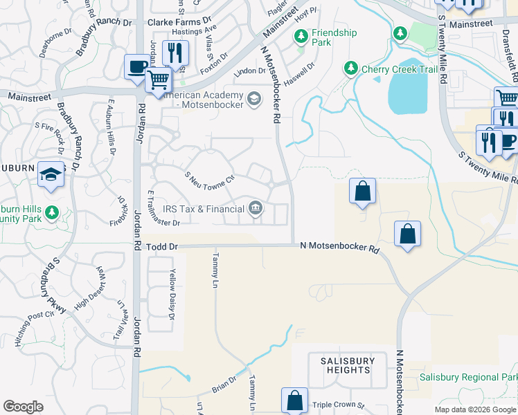 map of restaurants, bars, coffee shops, grocery stores, and more near 17525 East Iron Ore Avenue in Parker