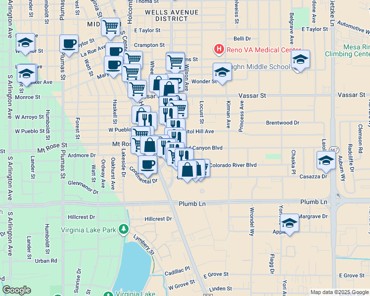 map of restaurants, bars, coffee shops, grocery stores, and more near 350 Capitol Hill Avenue in Reno