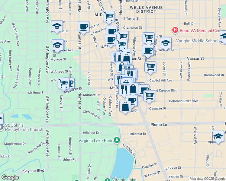 map of restaurants, bars, coffee shops, grocery stores, and more near 145 Mount Rose Street in Reno