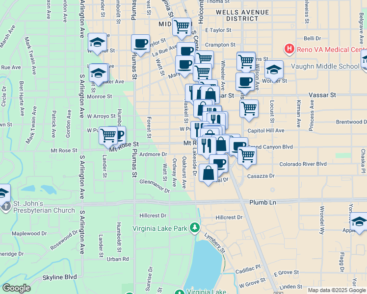 map of restaurants, bars, coffee shops, grocery stores, and more near 145 Mount Rose Street in Reno